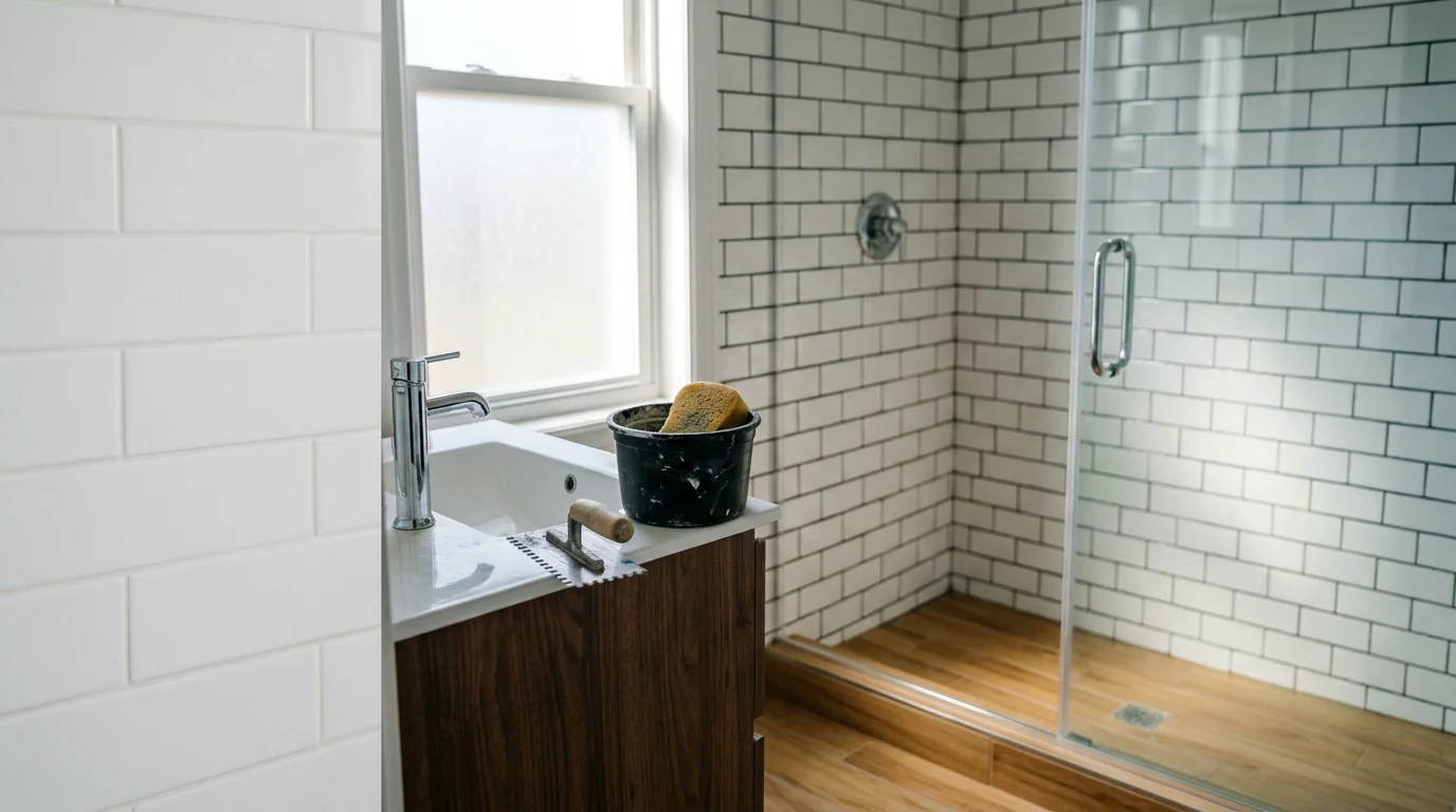 Renovated bathroom with new tile and modern fixtures