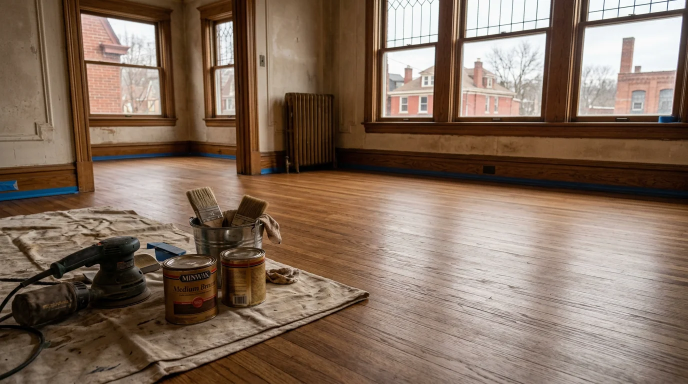 Newly installed hardwood flooring in residential living room