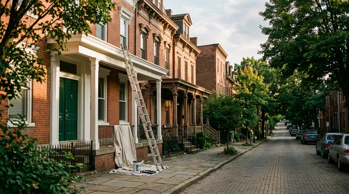 Historic Pittsburgh neighborhood with tree-lined street and Victorian-era homes in afternoon light.