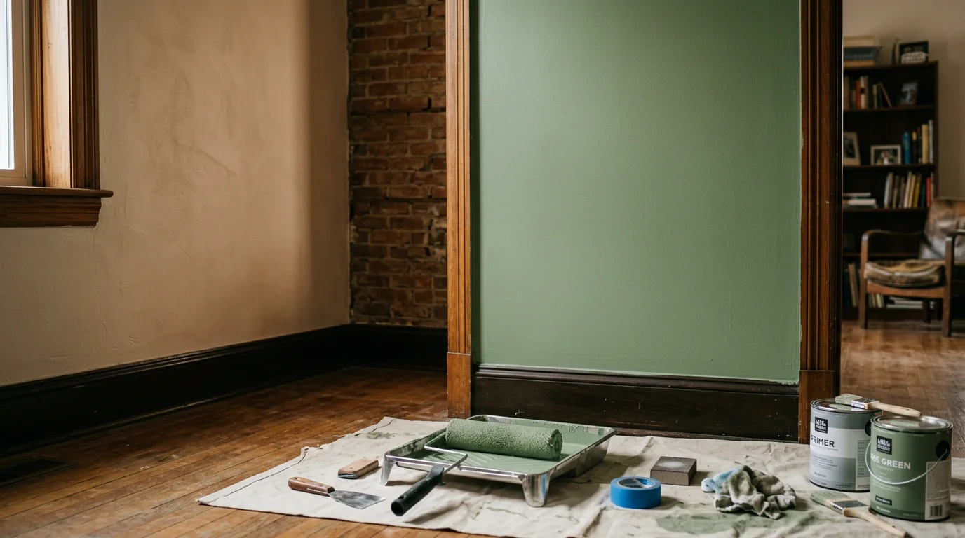 A freshly painted deep blue accent wall in a Pittsburgh living room, with clean edges along white trim and a neutral-toned adjacent wall. The room features a brick fireplace surround and wood flooring typical of older Pittsburgh homes.