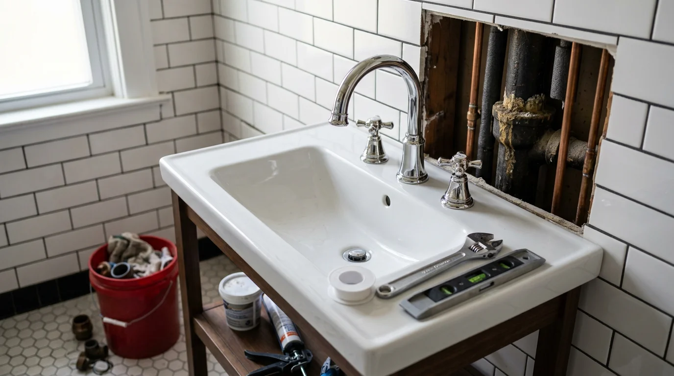 A newly installed bathroom vanity, faucet, and toilet in a Pittsburgh home with clean wall finishes and updated fixture hardware. The bathroom shows a compact layout typical of older Pittsburgh residential construction with modern fixtures in place.