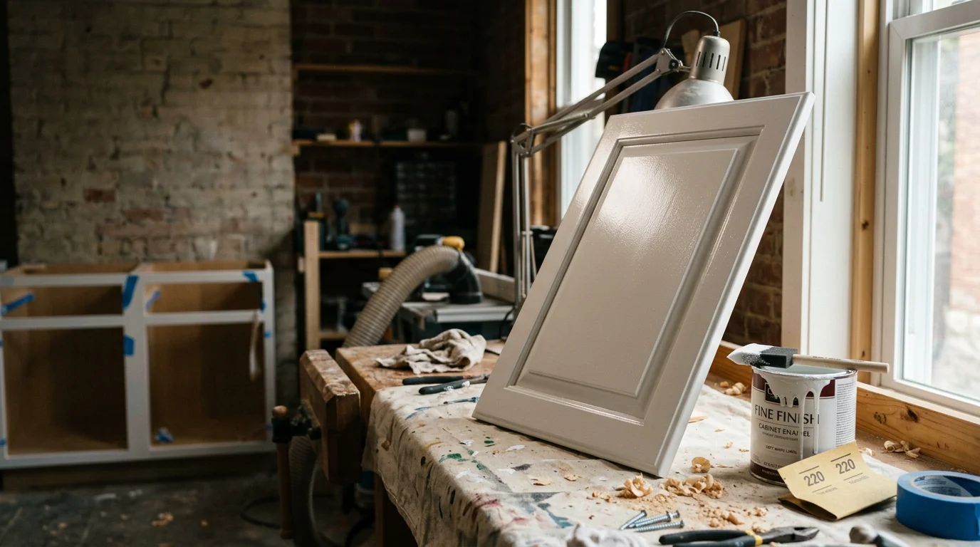 Freshly painted white kitchen cabinets with clean lines and smooth finish inside a Pittsburgh home. Cabinet doors are rehung and hardware reinstalled after professional spray painting by Elite Painting & Flooring Services.