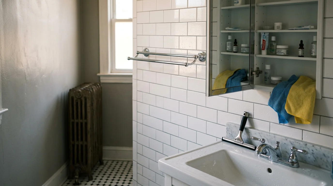 A Pittsburgh row home kitchen with scrubbed countertops, clean appliance surfaces, and polished fixtures after a professional deep cleaning. The space shows no visible grime on grout lines, cabinet fronts, or the range hood area.
