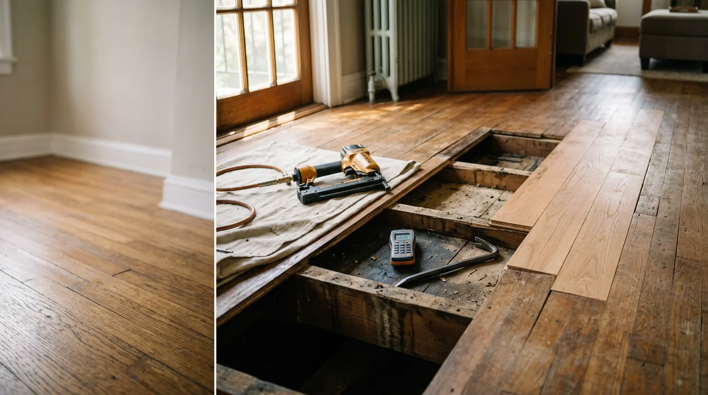 A repaired hardwood floor in a Pittsburgh home showing smooth, even boards with no visible cracks, gaps, or surface damage. The room reflects the older architectural character common in Pittsburgh residential properties.