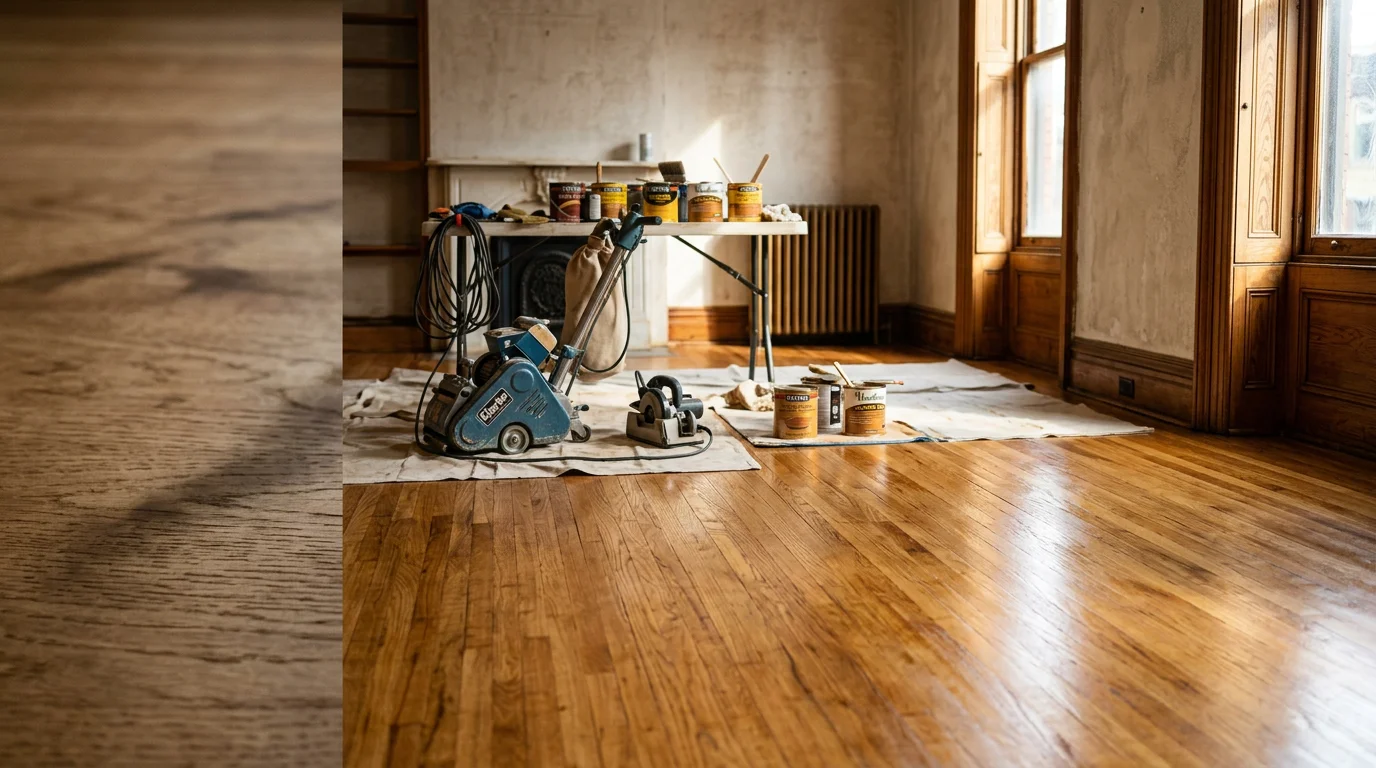 Freshly refinished hardwood floor in a Pittsburgh home showing smooth, even wood grain with a clean satin seal. The floor runs through a main living area typical of an older Pittsburgh row house or craftsman-style home.
