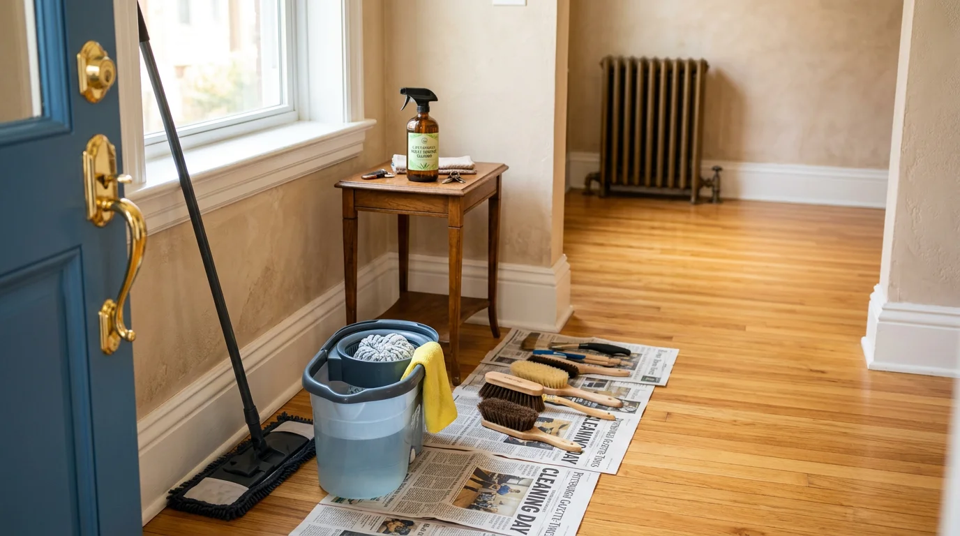 A clean, bright kitchen interior in a Pittsburgh row house with sanitized countertops, mopped hardwood floors, and polished fixtures after a professional house cleaning service. The entryway shows freshly wiped baseboards and a dust-free floor typical of an Allegheny County home maintained by Elite Painting & Flooring Services.