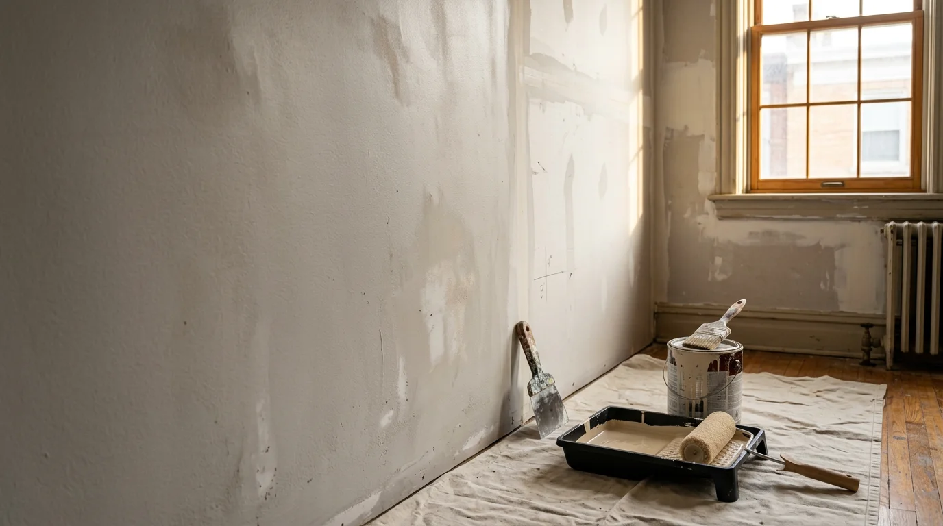 A freshly painted living room interior in a Pittsburgh rowhouse, showing clean white trim, smooth walls in a neutral tone, and protected hardwood floors. The room reflects the older architectural character common to Pittsburgh's established residential neighborhoods.