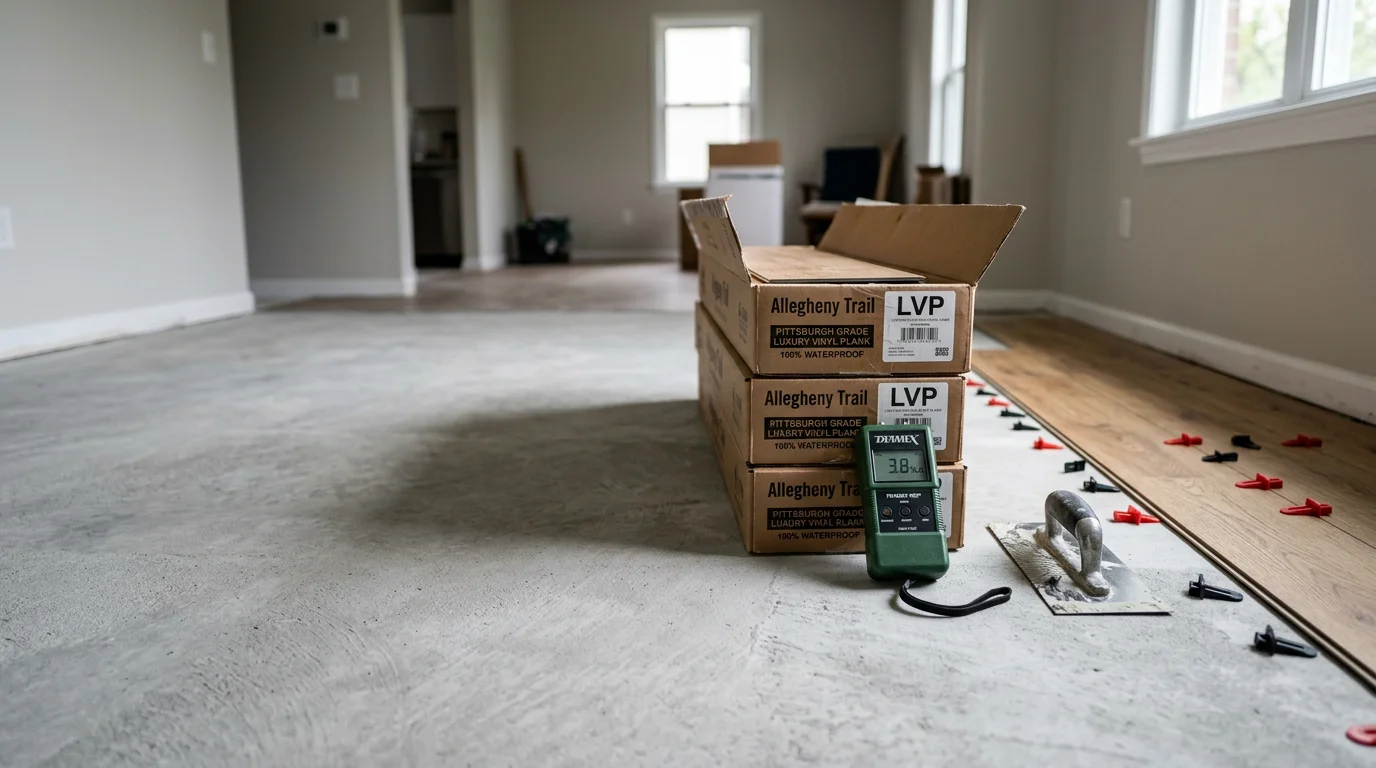 Freshly installed luxury vinyl plank flooring in a Pittsburgh home living room, showing a wood-look finish with clean plank lines running across a bright, open space. The floor meets the baseboard trim with tight, even spacing throughout the room.