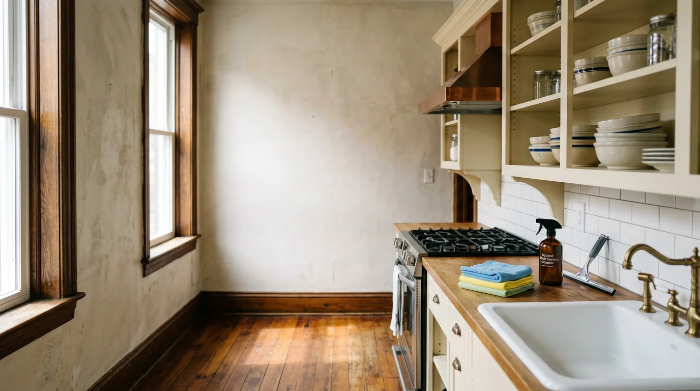 A freshly cleaned kitchen in an older Pittsburgh home, with wiped cabinet interiors, scrubbed countertops, and polished fixtures ready for move-in. Bright natural light highlights clean baseboards and spotless appliance surfaces throughout the room.