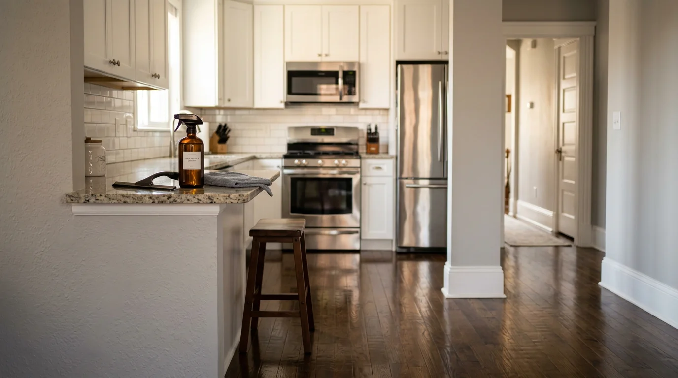 A spotless empty kitchen and hardwood floor in a Pittsburgh rental unit after professional move-out cleaning, with clean appliances, wiped baseboards, and streak-free surfaces throughout.
