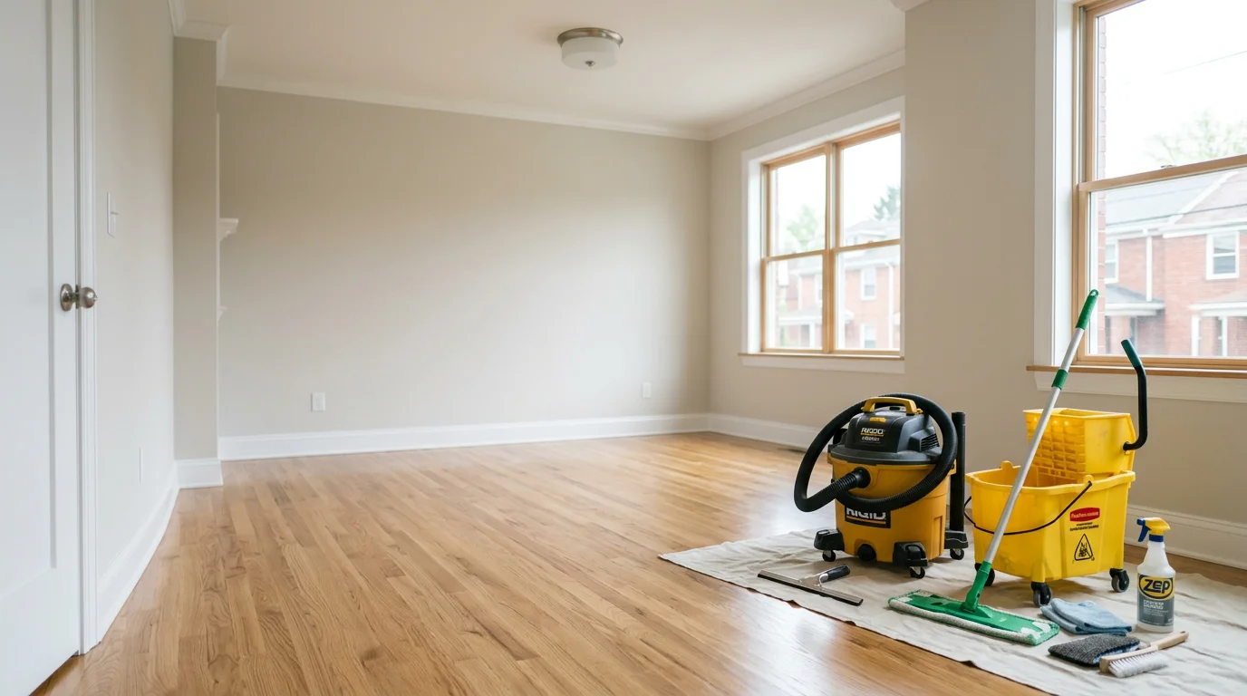 A freshly cleaned Pittsburgh home interior after construction, showing dust-free hardwood floors, polished fixtures, and streak-free windows with no debris remaining. A cleaning technician in the background wipes down newly installed baseboards in a bright, renovation-completed room.