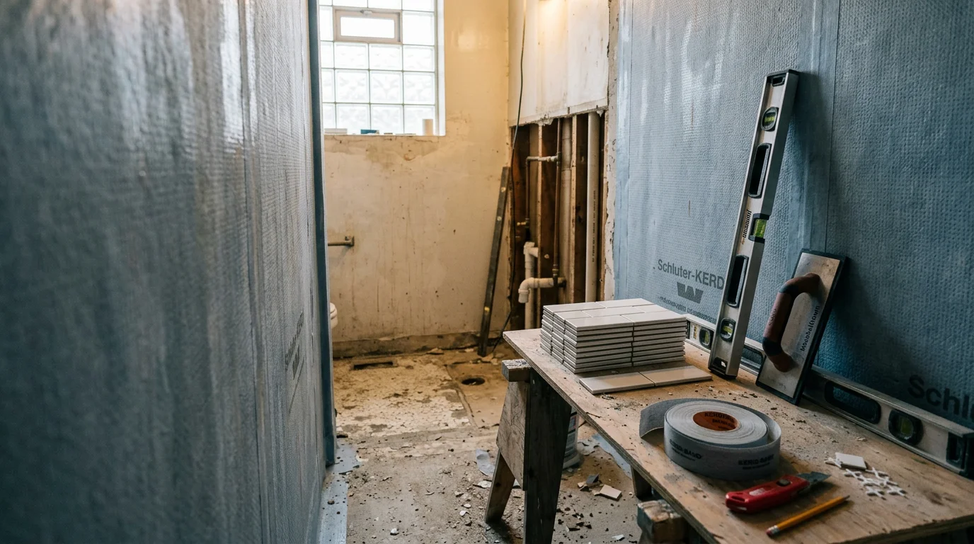 A newly installed walk-in shower in a Pittsburgh home bathroom, featuring clean tile walls, a frameless glass enclosure, and a curbless entry. The finished space shows tight, professional workmanship suited to a compact Pittsburgh bathroom layout.