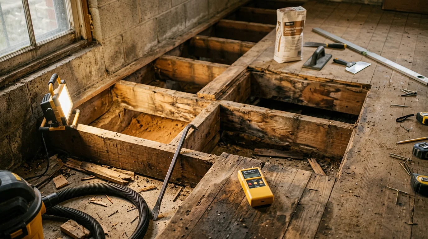 A Pittsburgh home's exposed plywood subfloor being leveled and inspected by a flooring technician before new flooring installation. Close-up view shows a flat, clean subfloor surface ready for the next stage of work.
