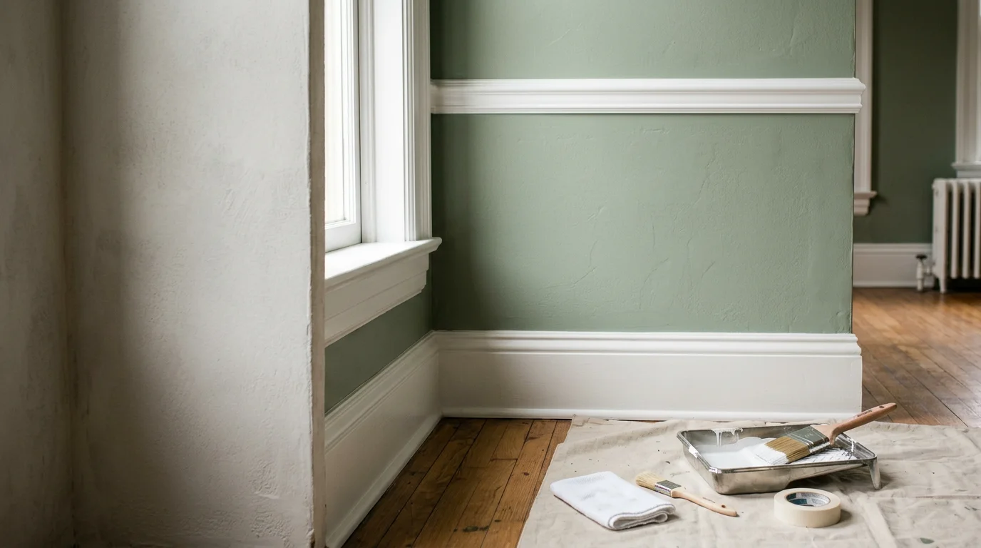 Freshly painted white crown molding and baseboards in a Pittsburgh home with original woodwork, showing clean paint lines where trim meets the wall. Close-up view of a corner detail in a period-style interior room.