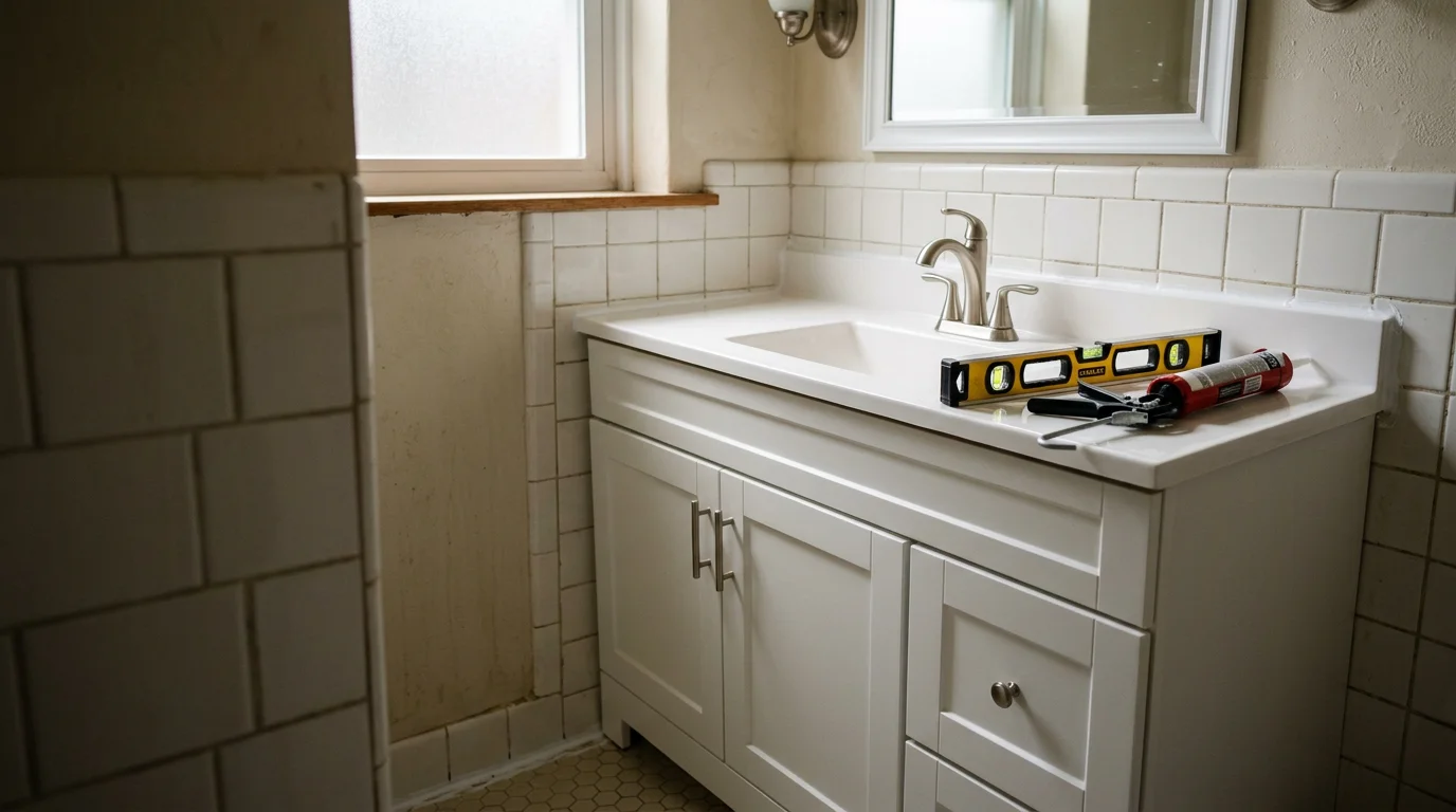 A newly installed bathroom vanity with a white cabinet base and clean countertop in a Pittsburgh home bathroom. The vanity is set against a painted wall with finished trim and a connected sink faucet.